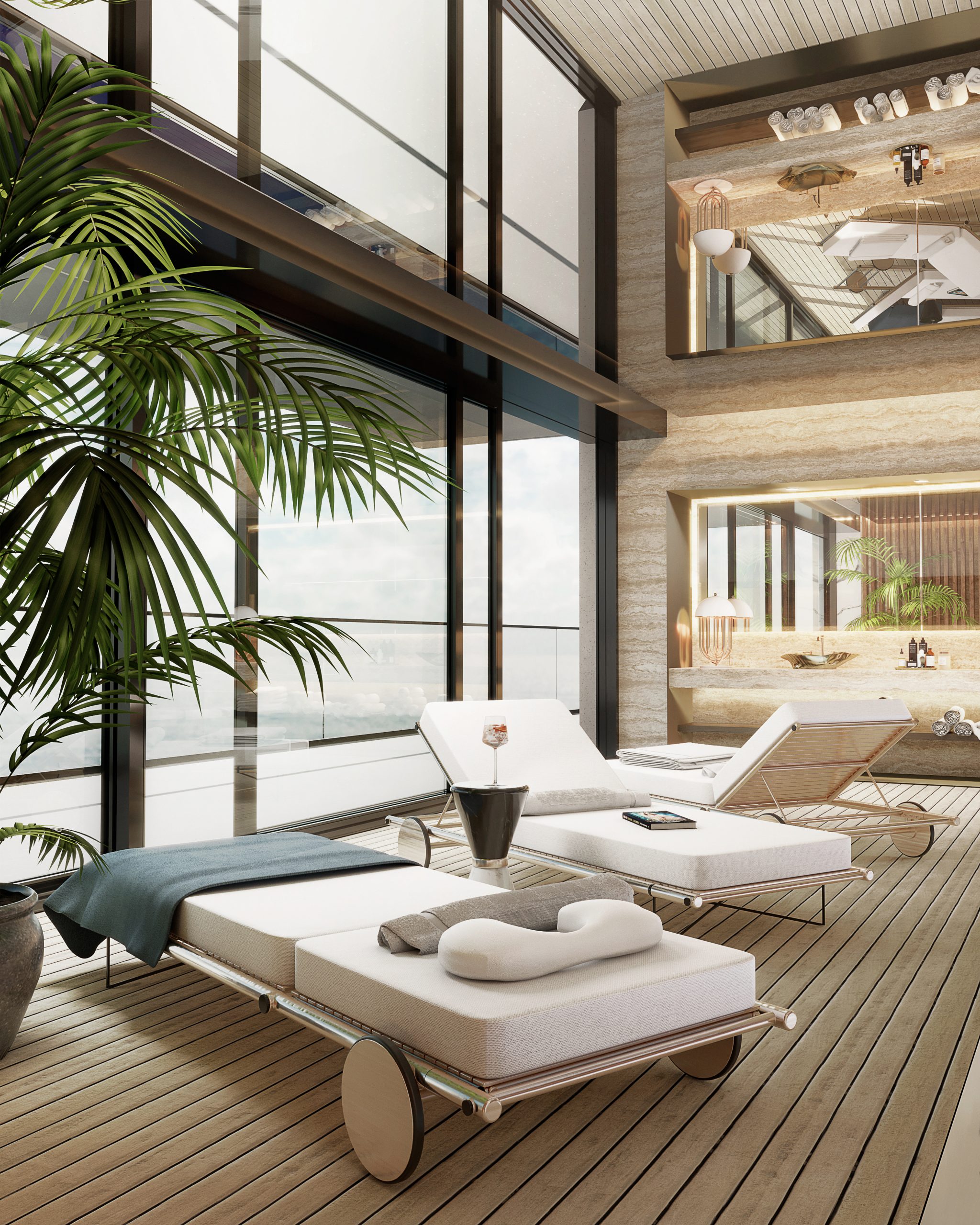 AN INDOOR POOL WITH A SEASIDE VIEW